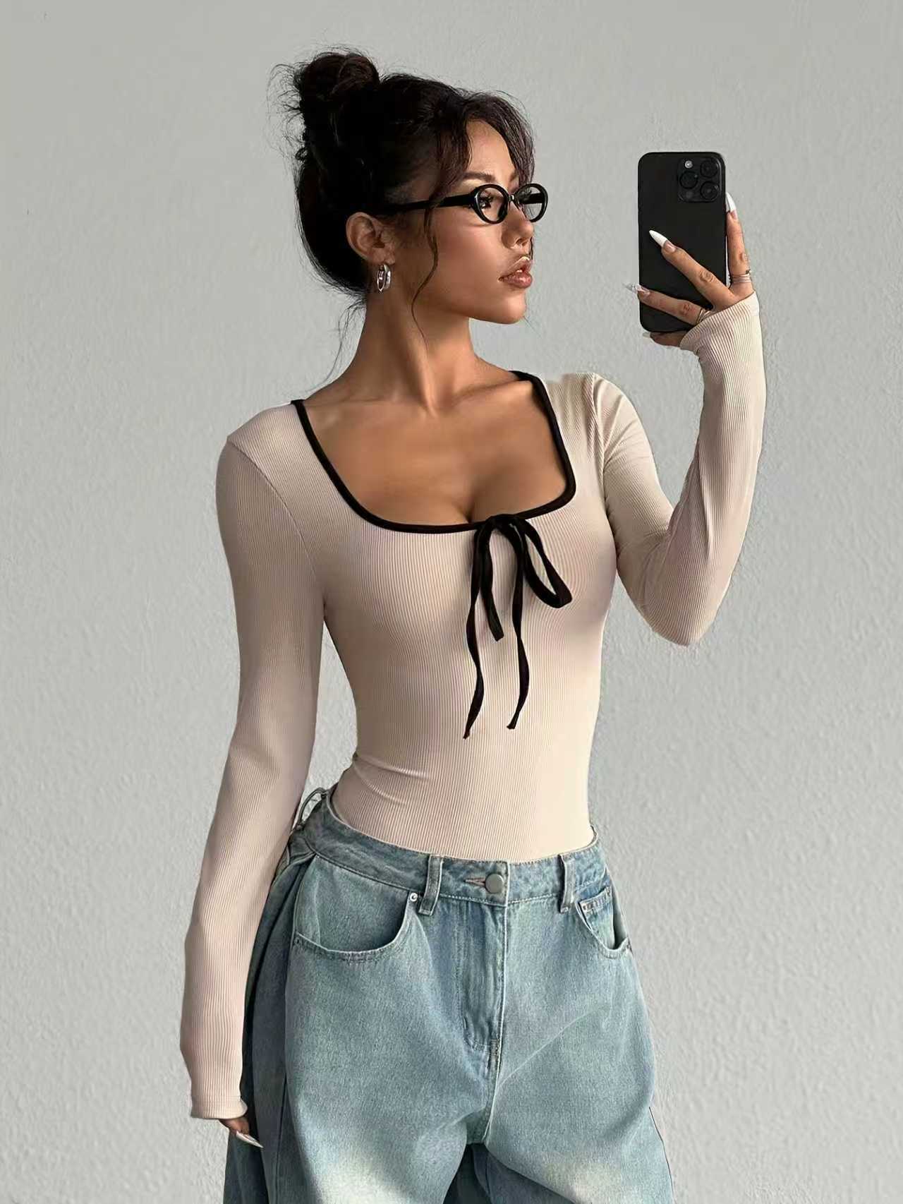 One-piece Stitching Contrast Color Collar Slim Fit Fashion Sexy Siamese Women's Jumpsuit/clothing
