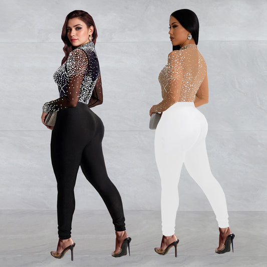 Women's Fashion Wear Mesh Rhinestone Long-sleeved Trousers Jumpsuits