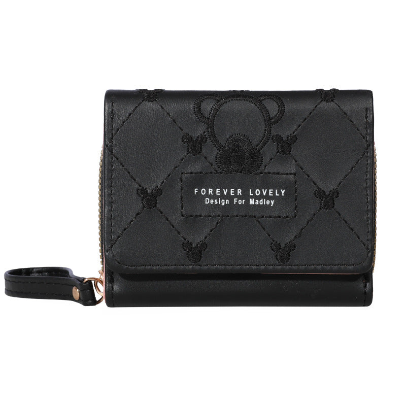 Women's Korean Embroidered Short Zipper Tri Fold Purses