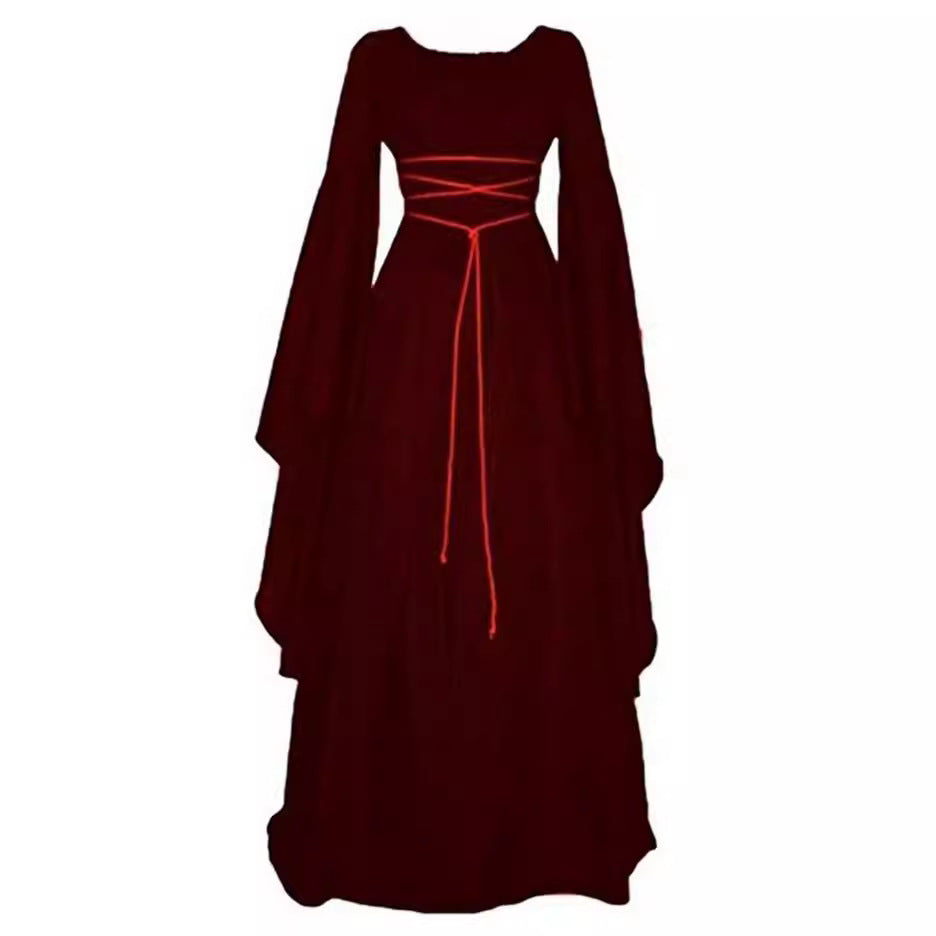 Women's Solid Color Round Neck Long Sleeve Belt Death Dress