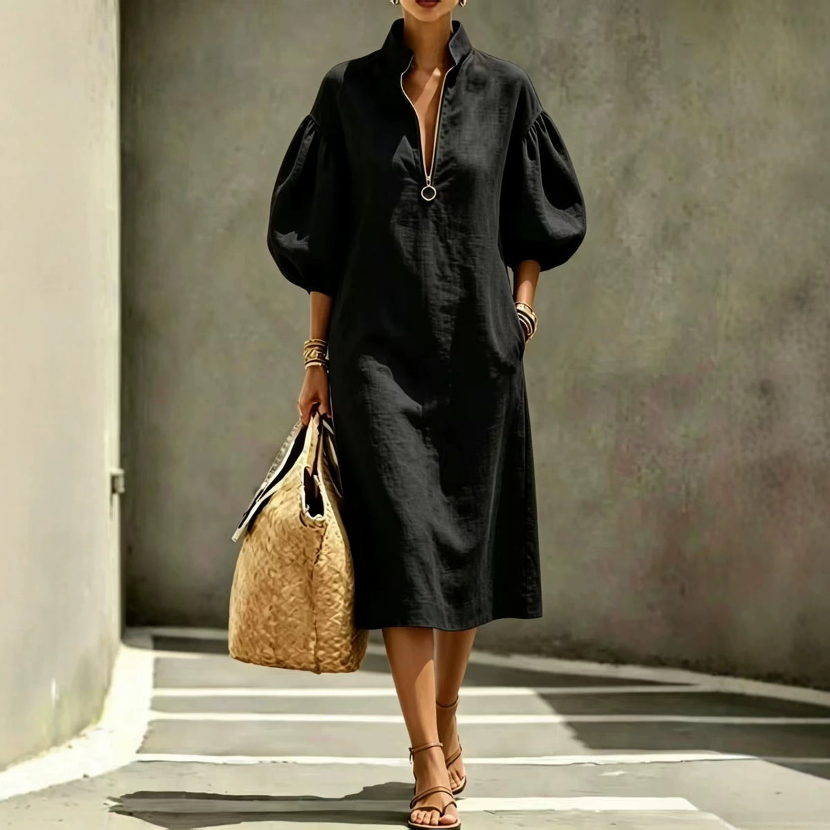 Women's Casual Loose Lapel Puff Sleeve Half Dress