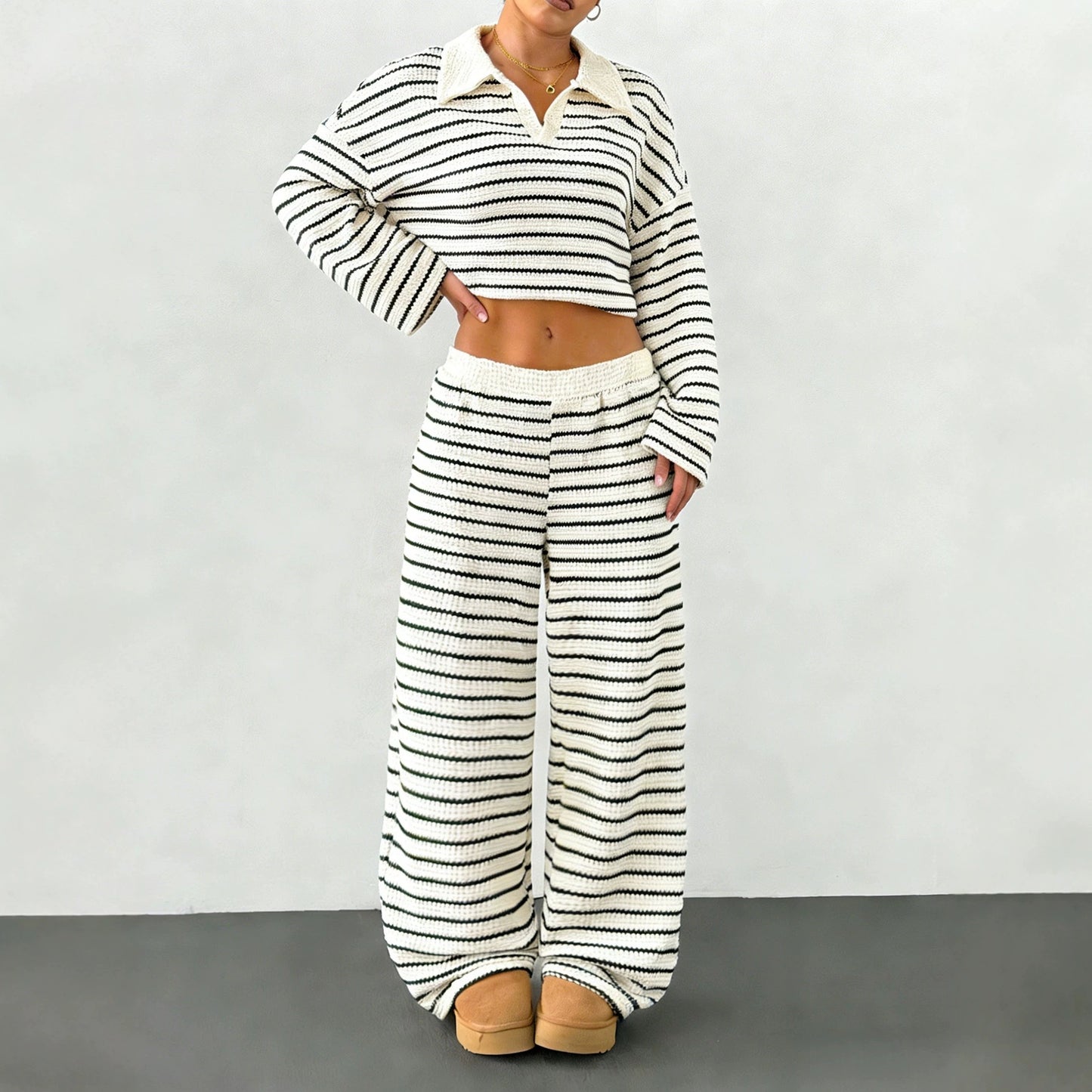 Women's Striped Lapel Fashionable Knitted Loose Long Sleeve Fashion Casual Suit