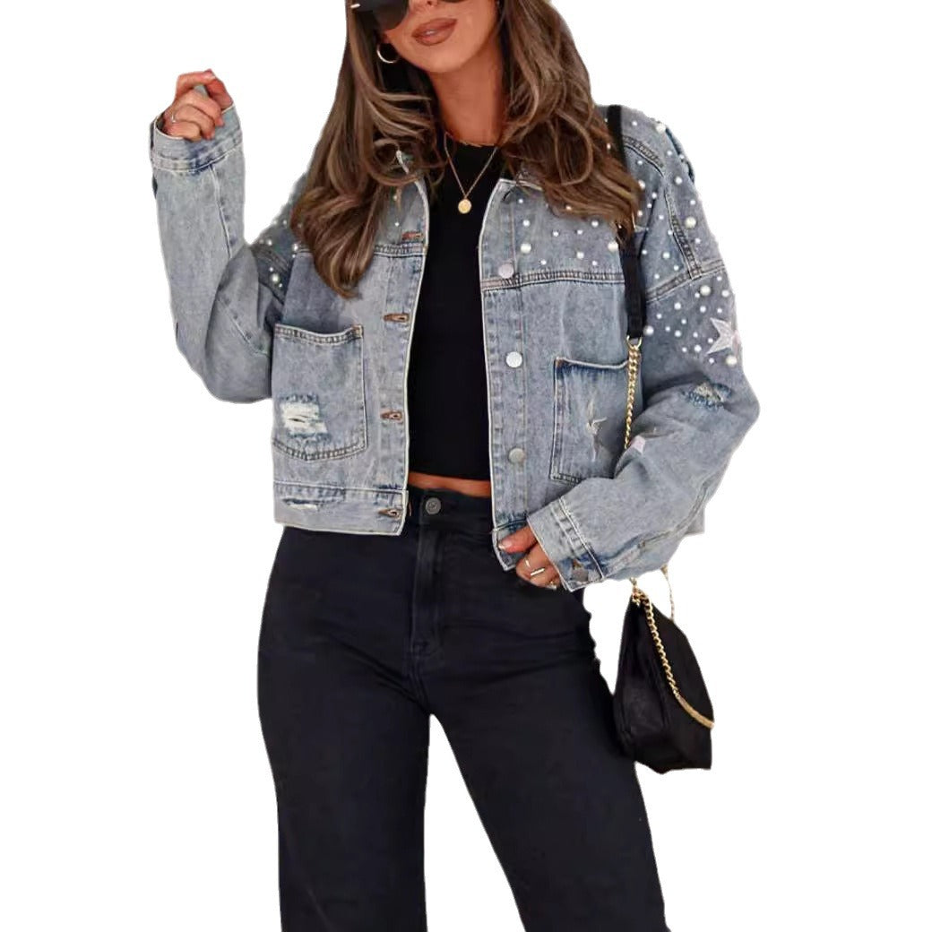 Women's Fashion Wear Beaded Loose Denim Jackets