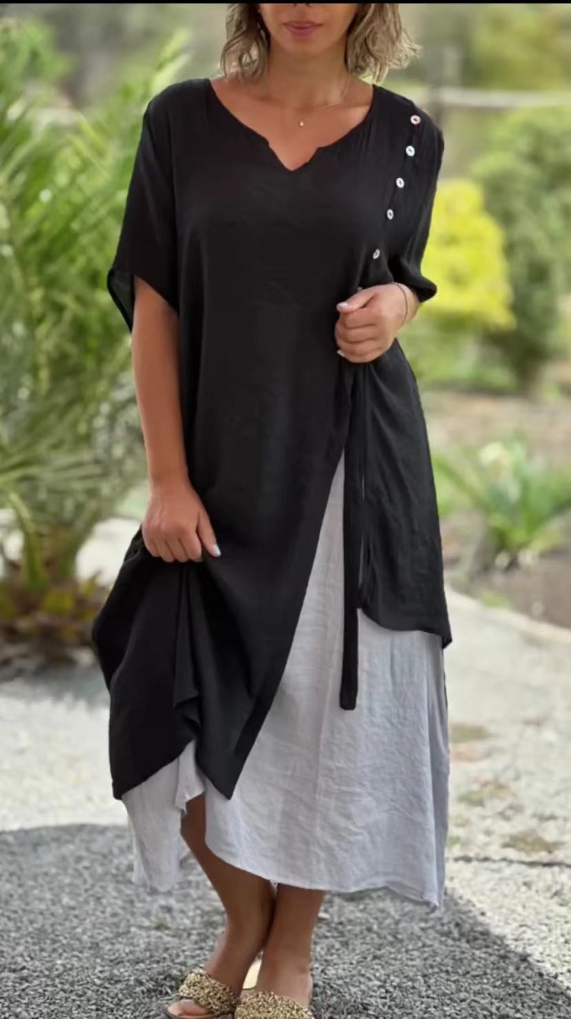 Women's Fashion Sleeve Fake Two-piece Asymmetric Dress Dresses