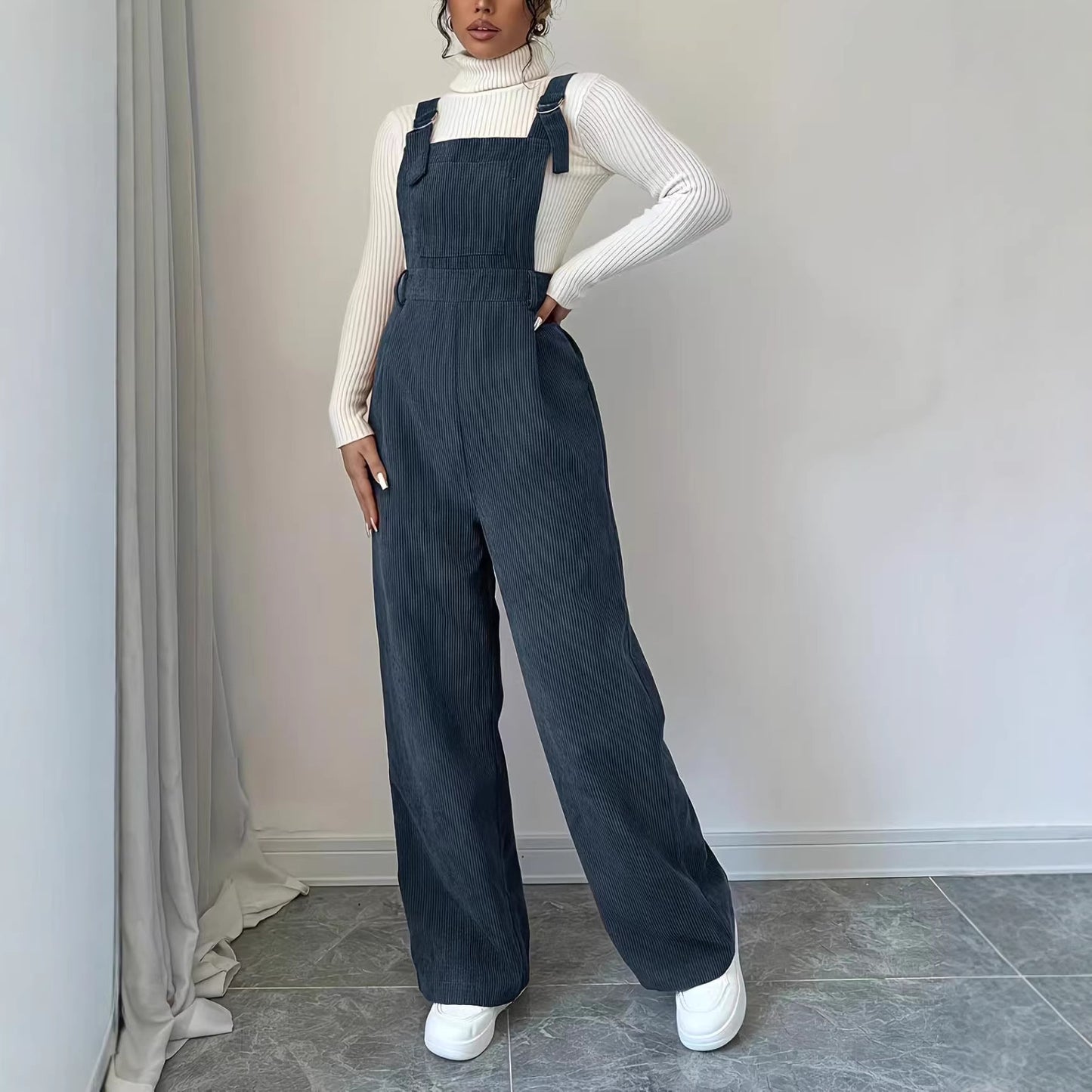 Women's Corduroy Overalls Loose Straight Trousers Jumpsuits