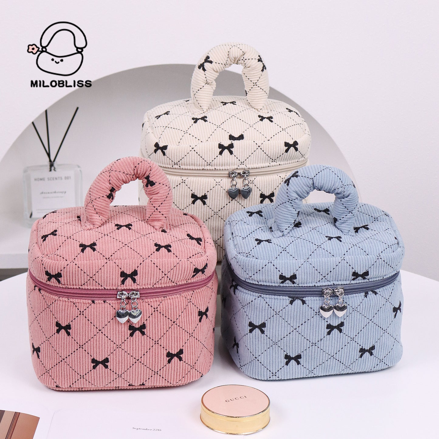 Corduroy Bow Large Capacity Multifunctional Portable Cosmetic Bags