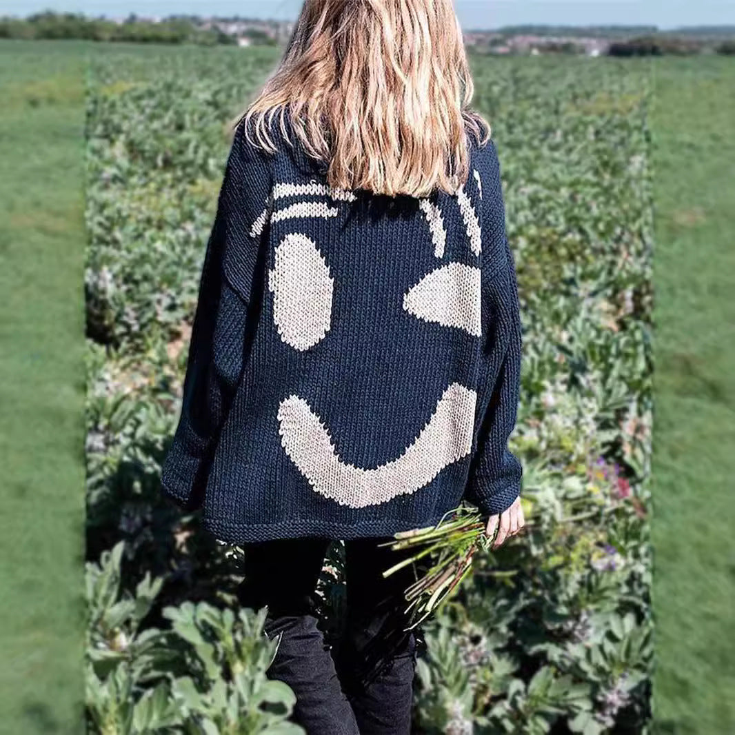 Women's Smiley Face Contrast Color Loose Slimming Sweaters