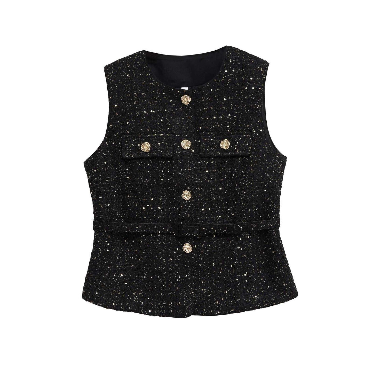 Women's Round Neck Decorative Waist Belt Classic Tops