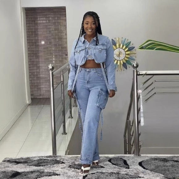 Women's Personalized With Pocket Denim Trousers Two-piece Suits