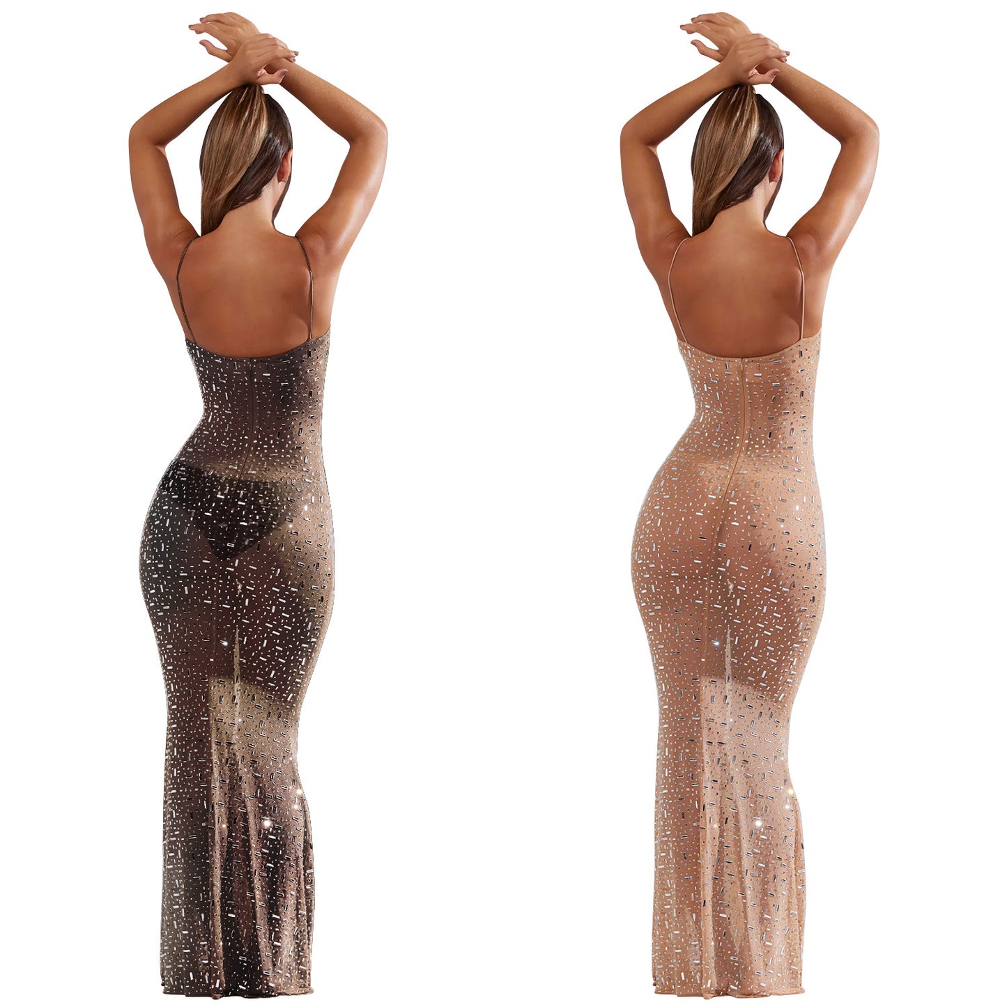 Women's Fashion Wear Pure Color Mesh Hot Drilling Sling Dresses
