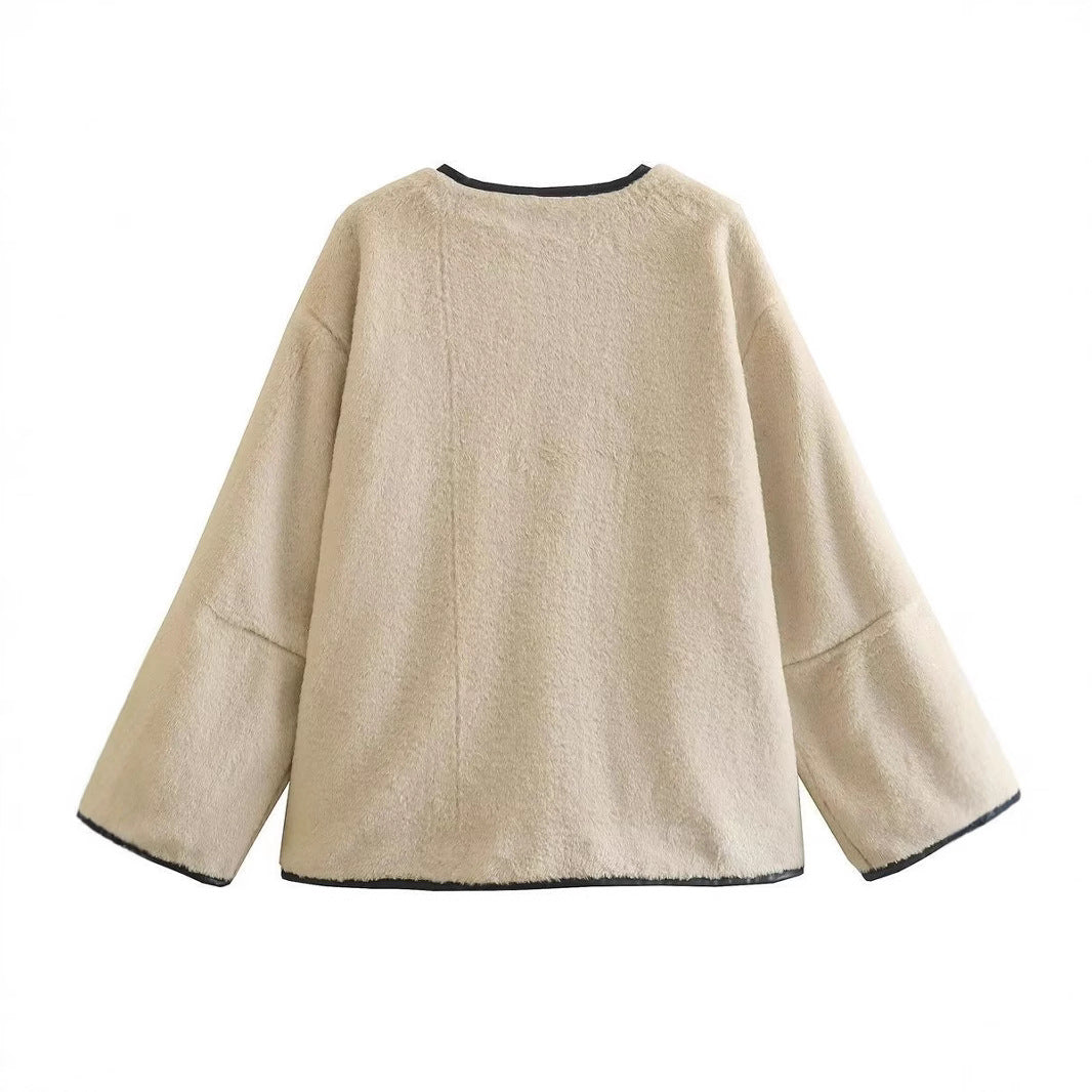 Women's Buckle Decorative Round Neck Faux Fur Jackets