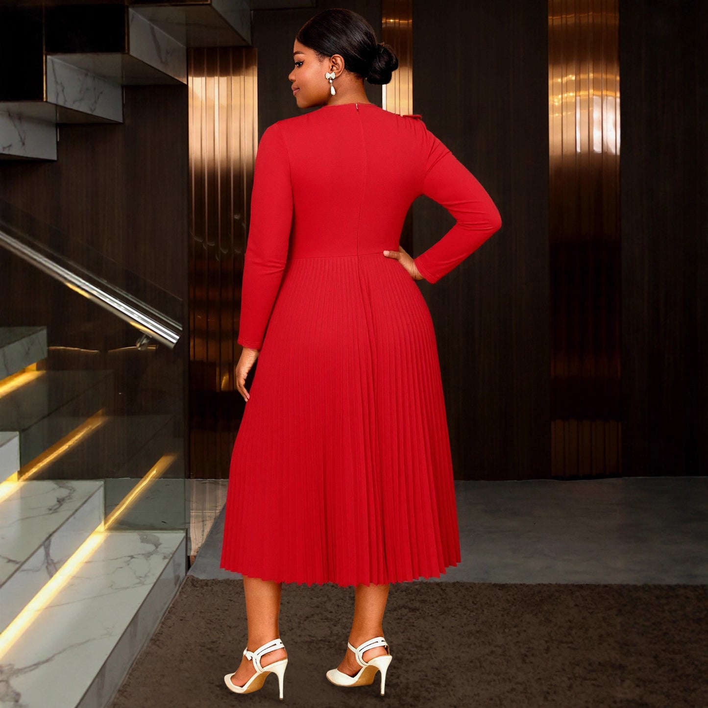 Neck Lotus Leaf Three-dimensional Shape Dress Long Sleeve Dresses