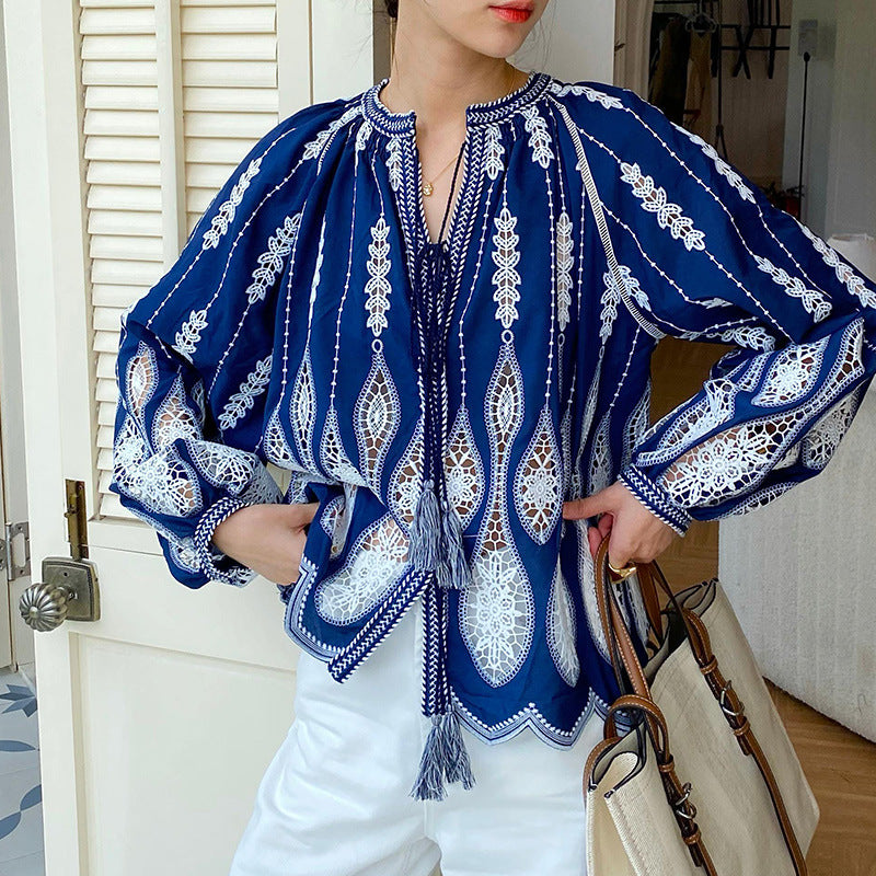 Women's Autumn Embroidery Vacation Style French Shirt Blouses