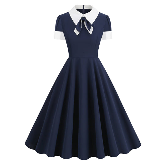 Bow Contrast Color Retro Large Swing Dresses