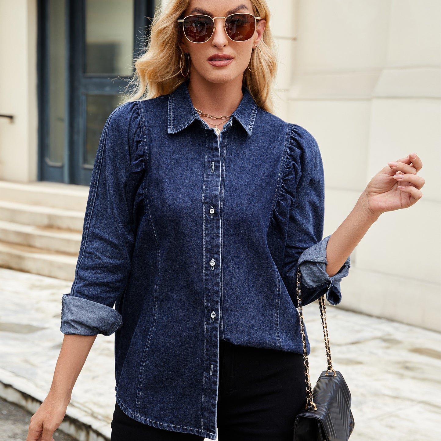Women's Washed Shrug Denim Long Sleeve Shirt Blouses