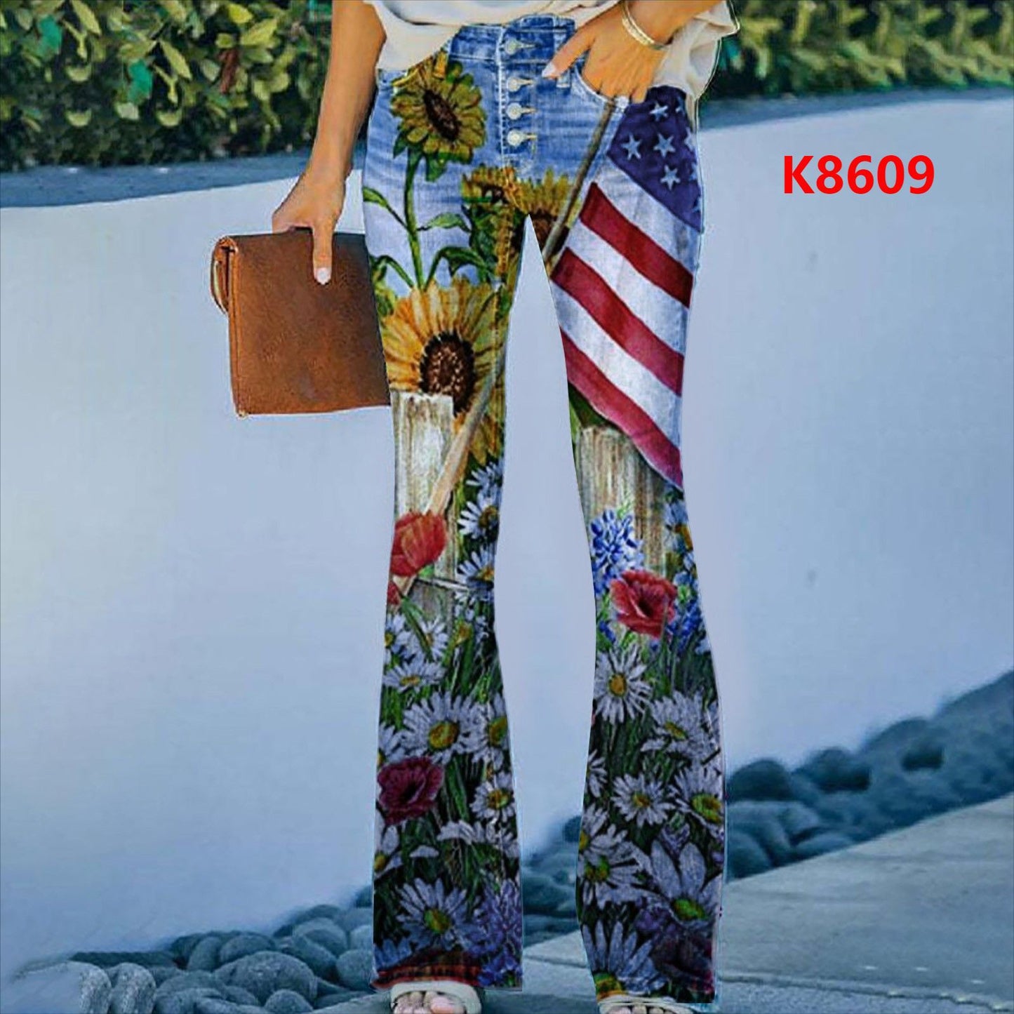 Elegant Slimming Digital Printing Imitation Denim Women's Jeans