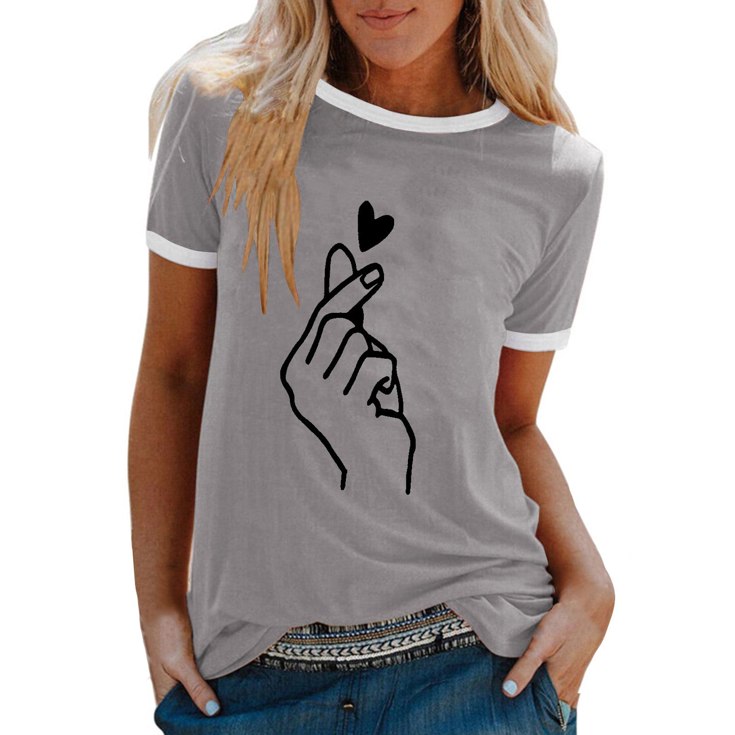 Women's Summer Shirt Finger Print Loose Round Neck Women's T-shirt