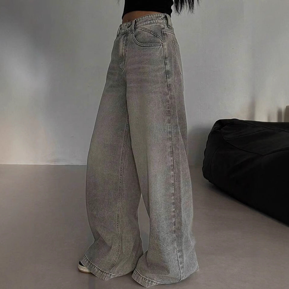 Women's American Retro Draping High Waist Wide Leg Loose Women's Jeans