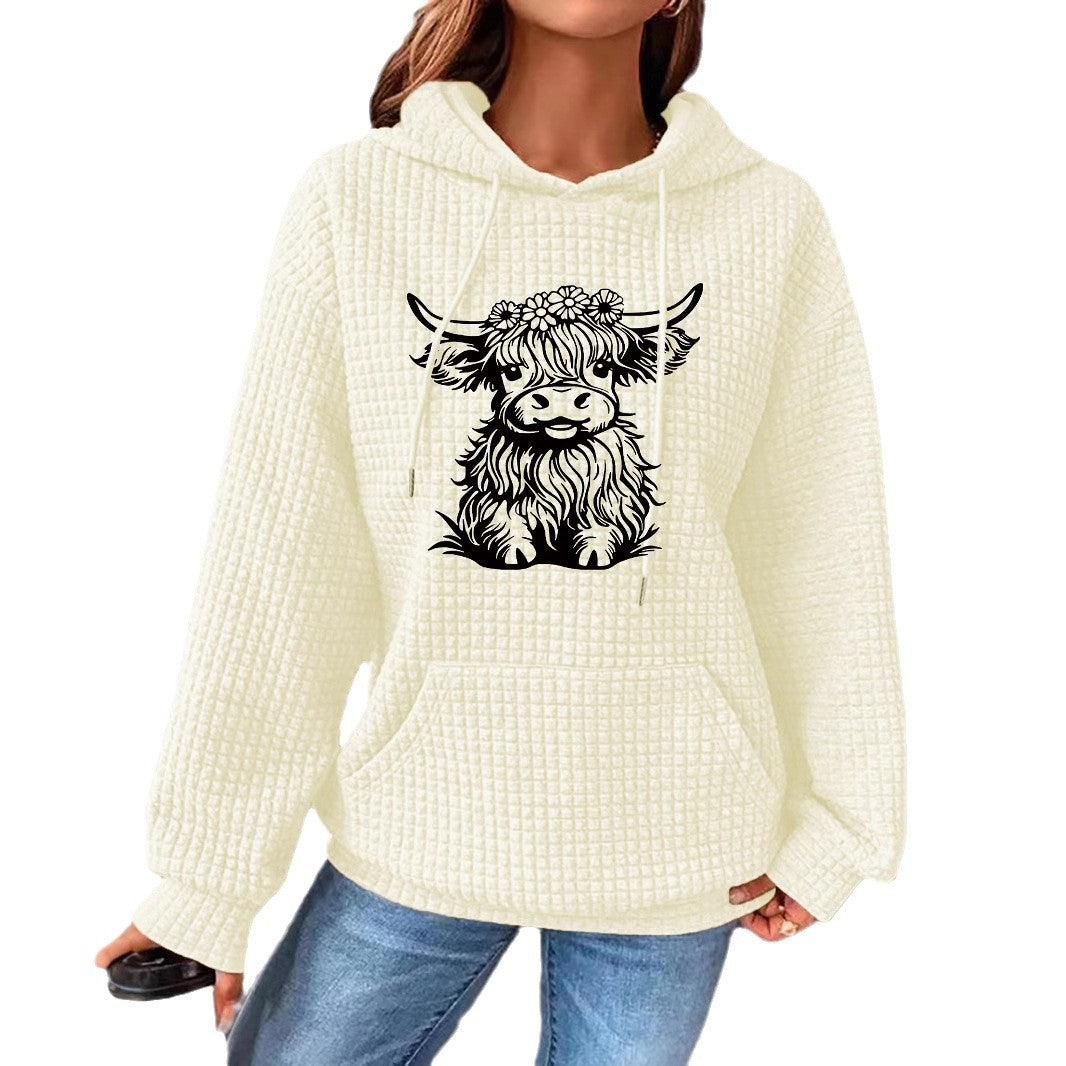 Women's Hooded Long Sleeve Fleece Pullover Highland Cow Women's Sweater, Sweater