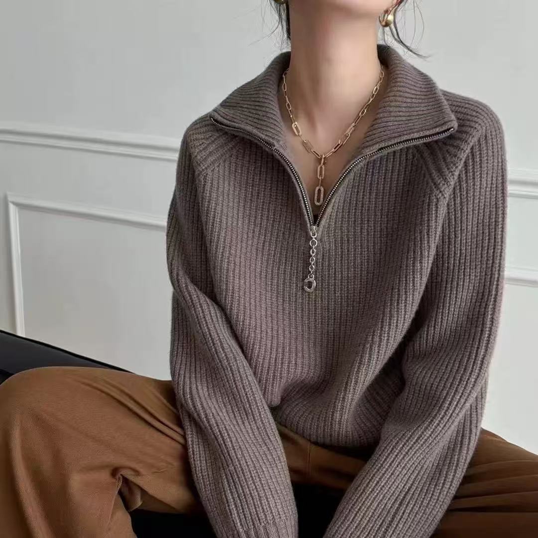 Women's Thick Fashion Design Lapel Zipper Solid Sweaters