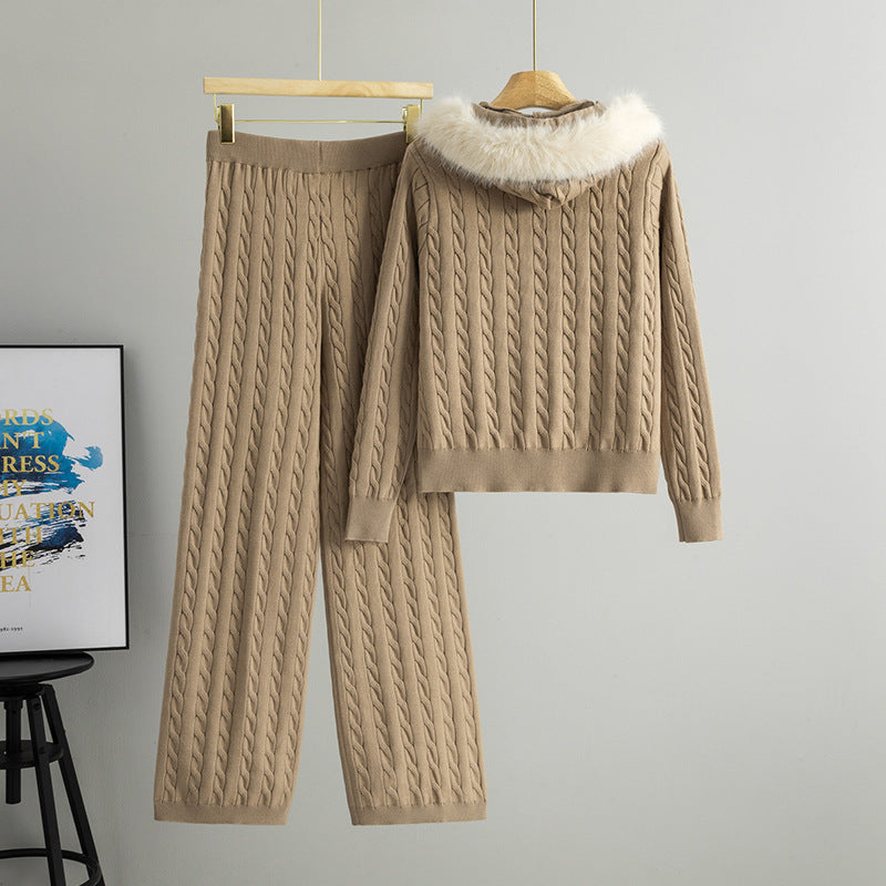 Women's Hooded Knit Wide Leg Two-piece Cardigans