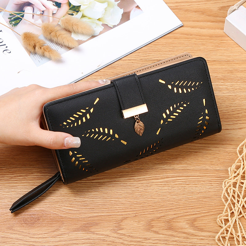 Women's Hollow Leaf Billfold Leather Korean Style Two Fold Long Ladies Wallets