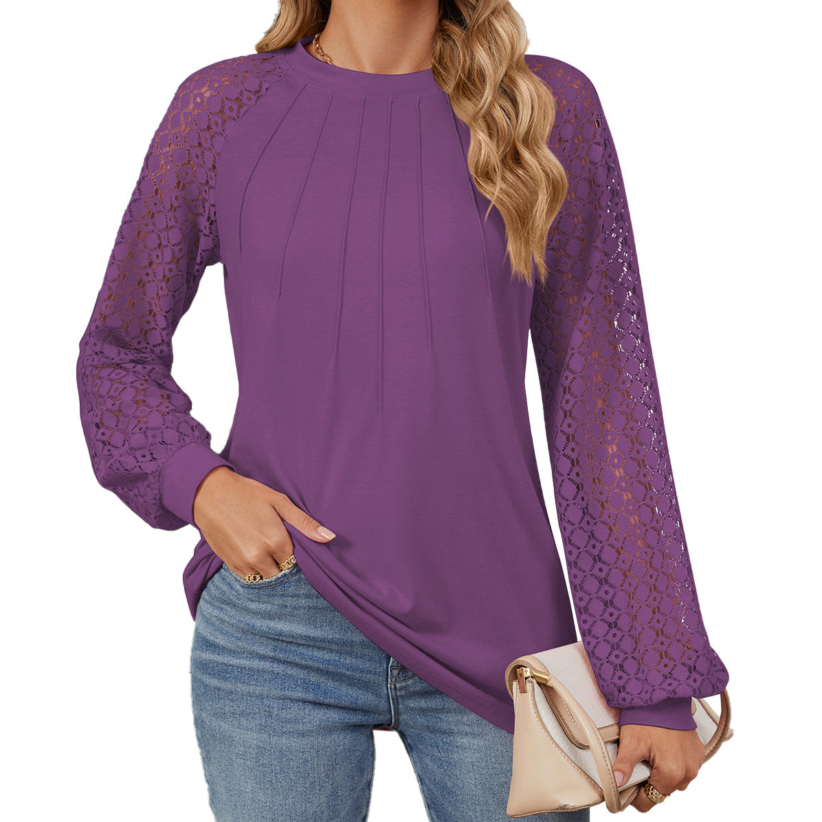 Women's Lace Patchwork Round Neck Long Sleeve Tops