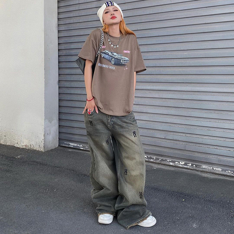 Women's Distressed Printed American Retro Easy Matching Long Low Waist Women's Jeans