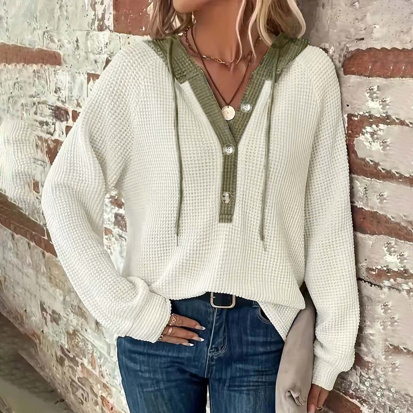 Women's Solid Color Waffle Hooded Button Loose Matching Women's Sweater, Sweater