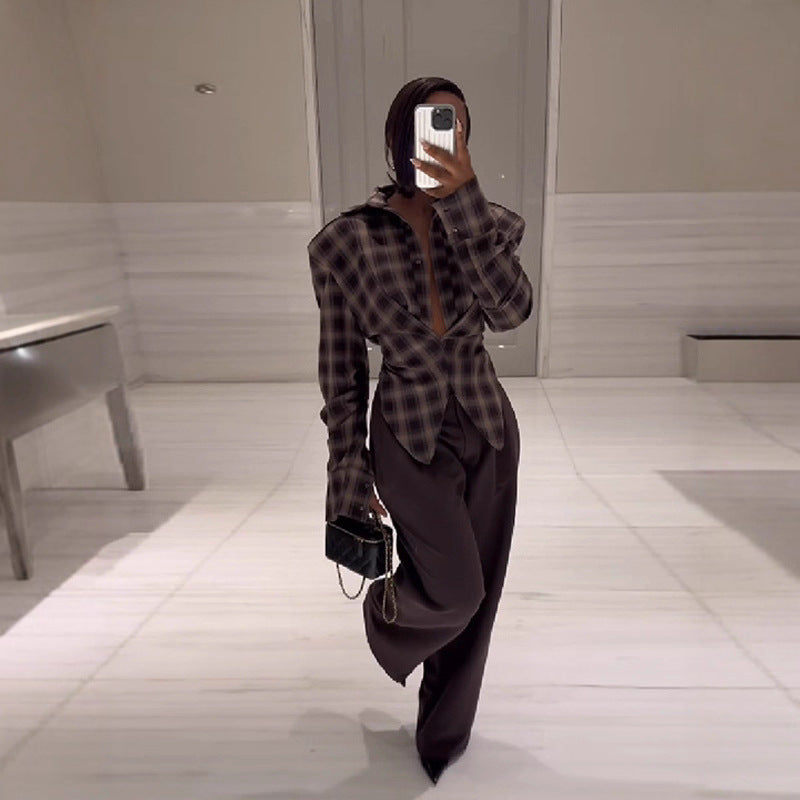 Women's Lapel Slimming Long Sleeve Button Plaid Blouses