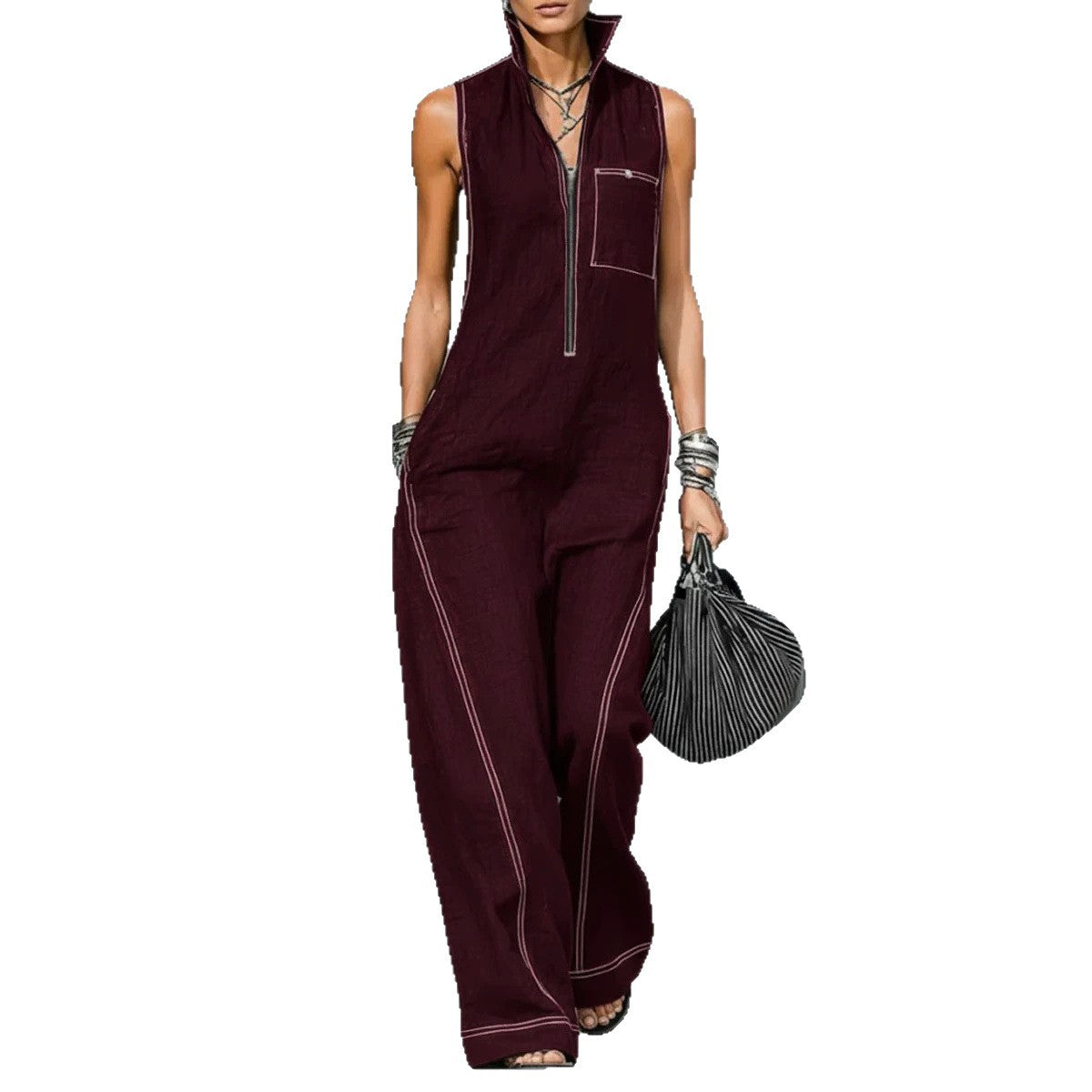 Women's Stand Collar Sleeveless Casual Loose Cotton Women's Jumpsuit/clothing