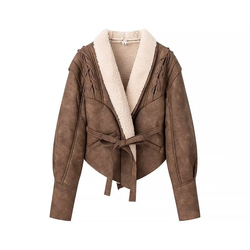 Women's Suede Leather Waist Trimming Lace Up Coats