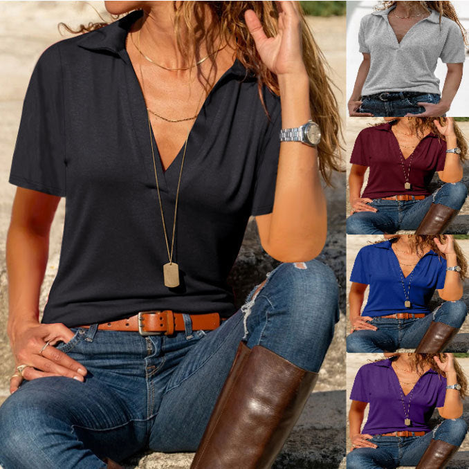 Women's Summer Casual Solid Color Polo Collar Women's T-shirt