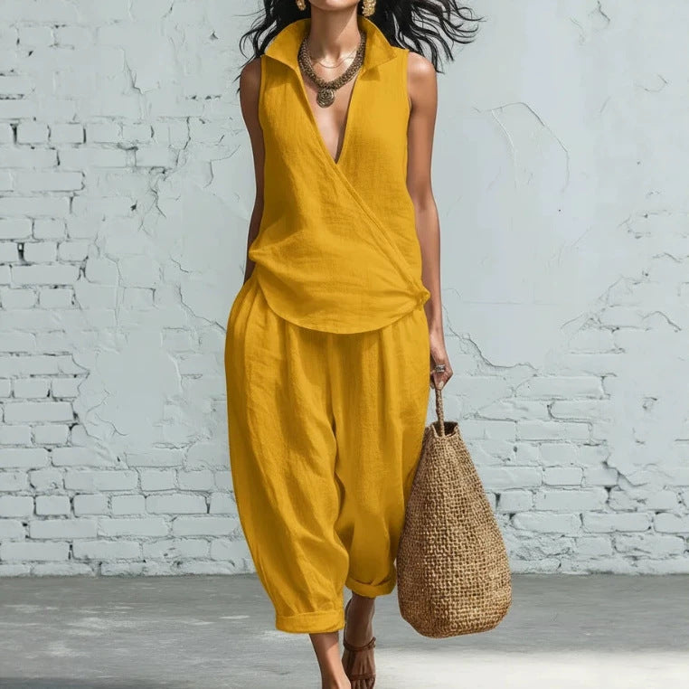 Women's Simple Lapel Shirt Wide Leg Linen Pants