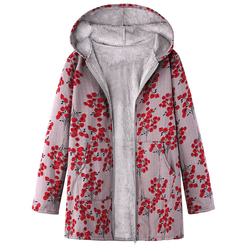 Women's Long-sleeved Zipper Hooded Thickened Composite Printed Dresses