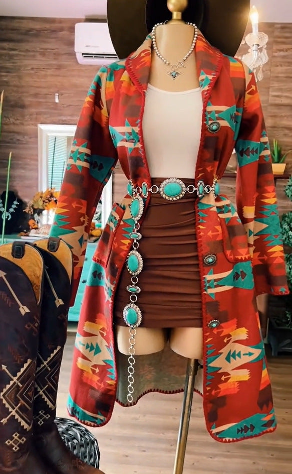 Women's Western Style Printed Hemming Mid-length Woolen Coats