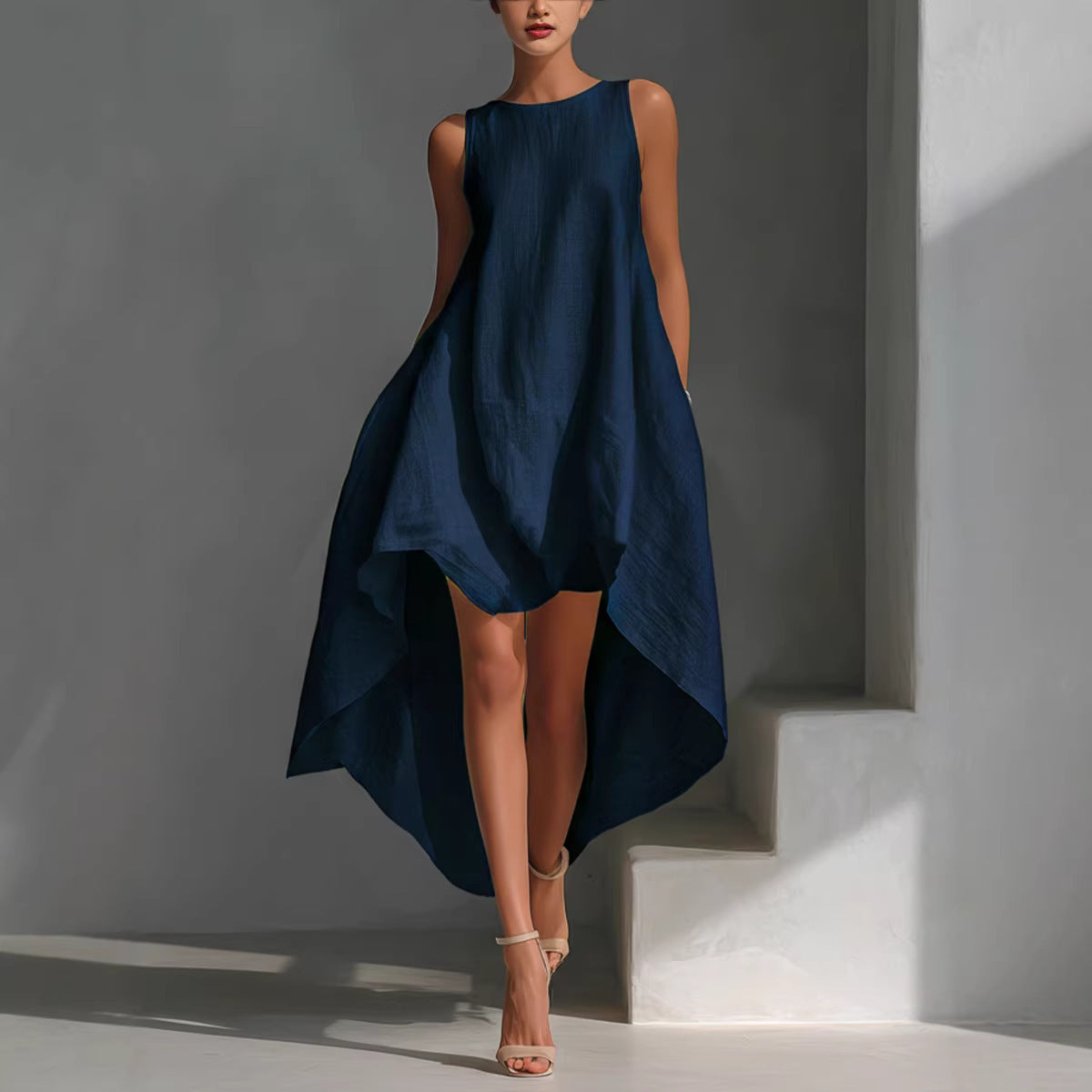 Women's Spring Cotton Linen Front Long Back Irregular Sleeveless Dress