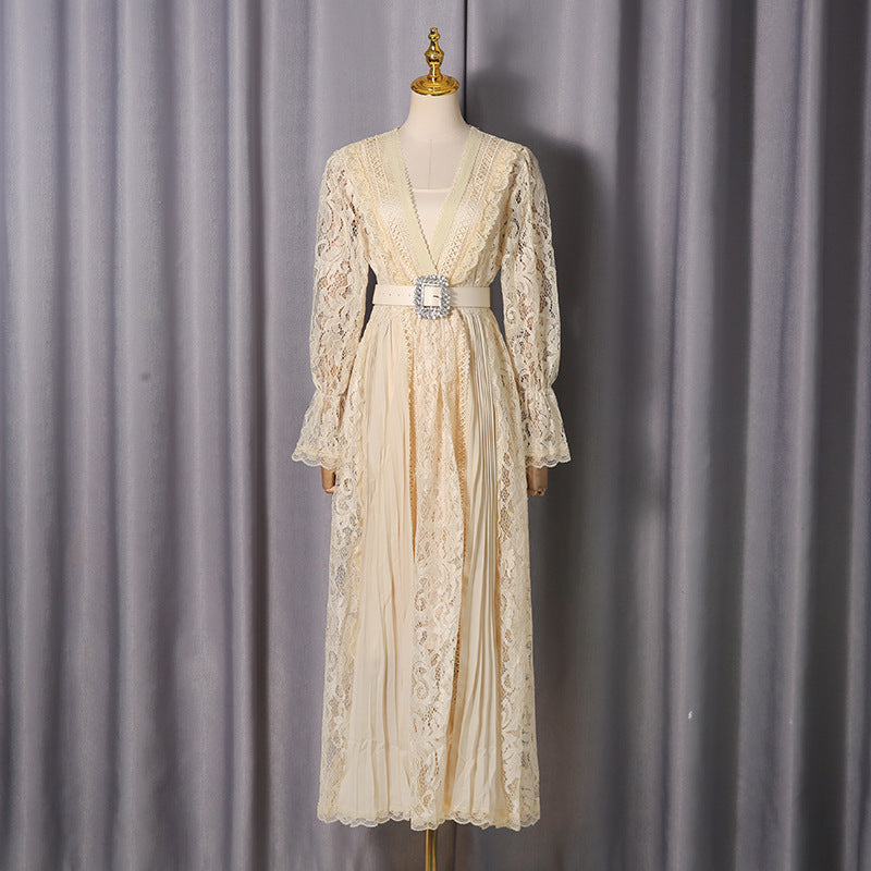 Women's Vintage Court Style Hollow Out Lace Long Dress Dresses