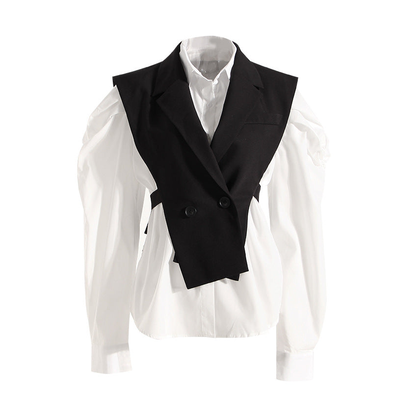 Slimming Puff Sleeve White Shirt Waist Trimming Lace Blouses