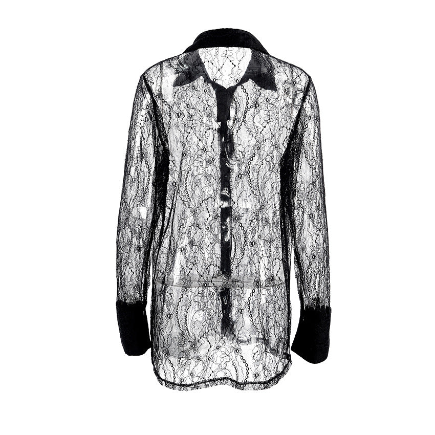 Women's Sexy Lapel Long Sleeve Lace Shirt Blouses