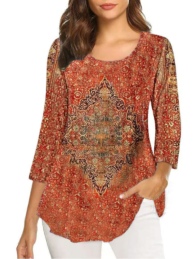 Autumn Three-quarter Sleeve Round Neck Printed Mid-length Bottoming Tops