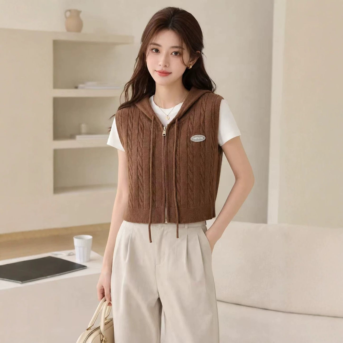 Women's Hooded Twist Waistcoat Outer Wear Loose Cardigans