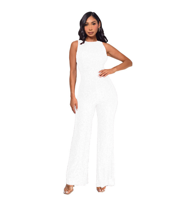 Women's Wind Sleeveless Sequined Round Neck Slim Jumpsuits