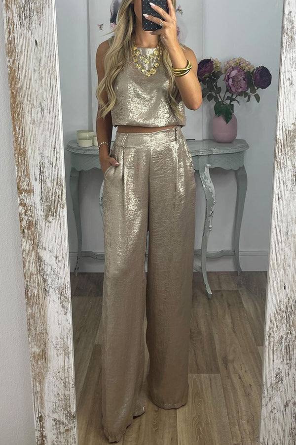 Women's High Waist Casual Two-piece Set Golden Suits