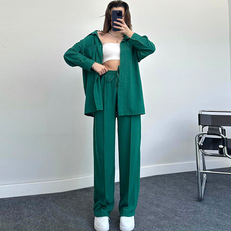 Women's Lady Loose Long-sleeved Shirt Trousers Two-piece Suits