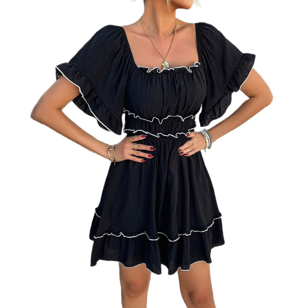 Women's Style Solid Color Stringy Seedge Sleeve Dresses