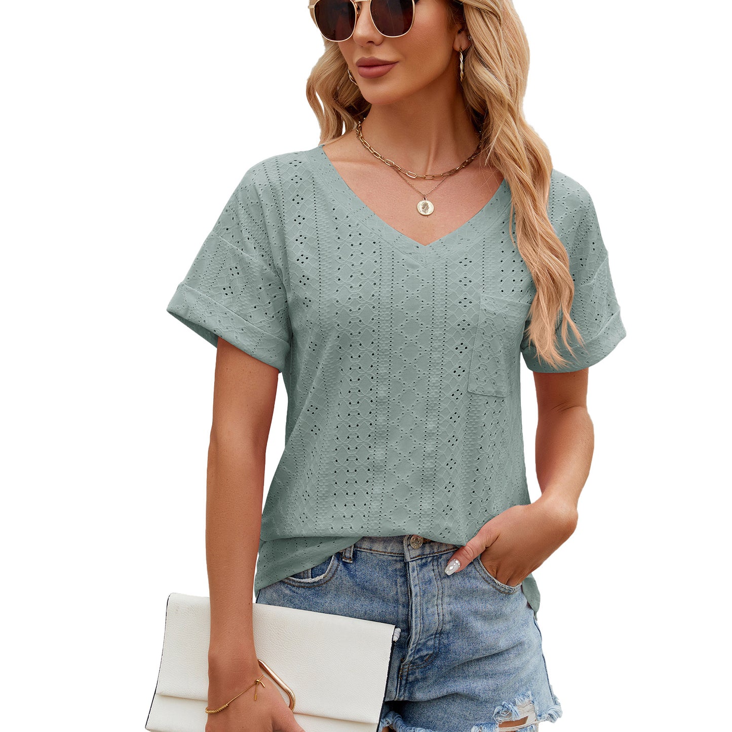 Solid Color Pocket Loose Sleeve Ladies Women's T-shirt