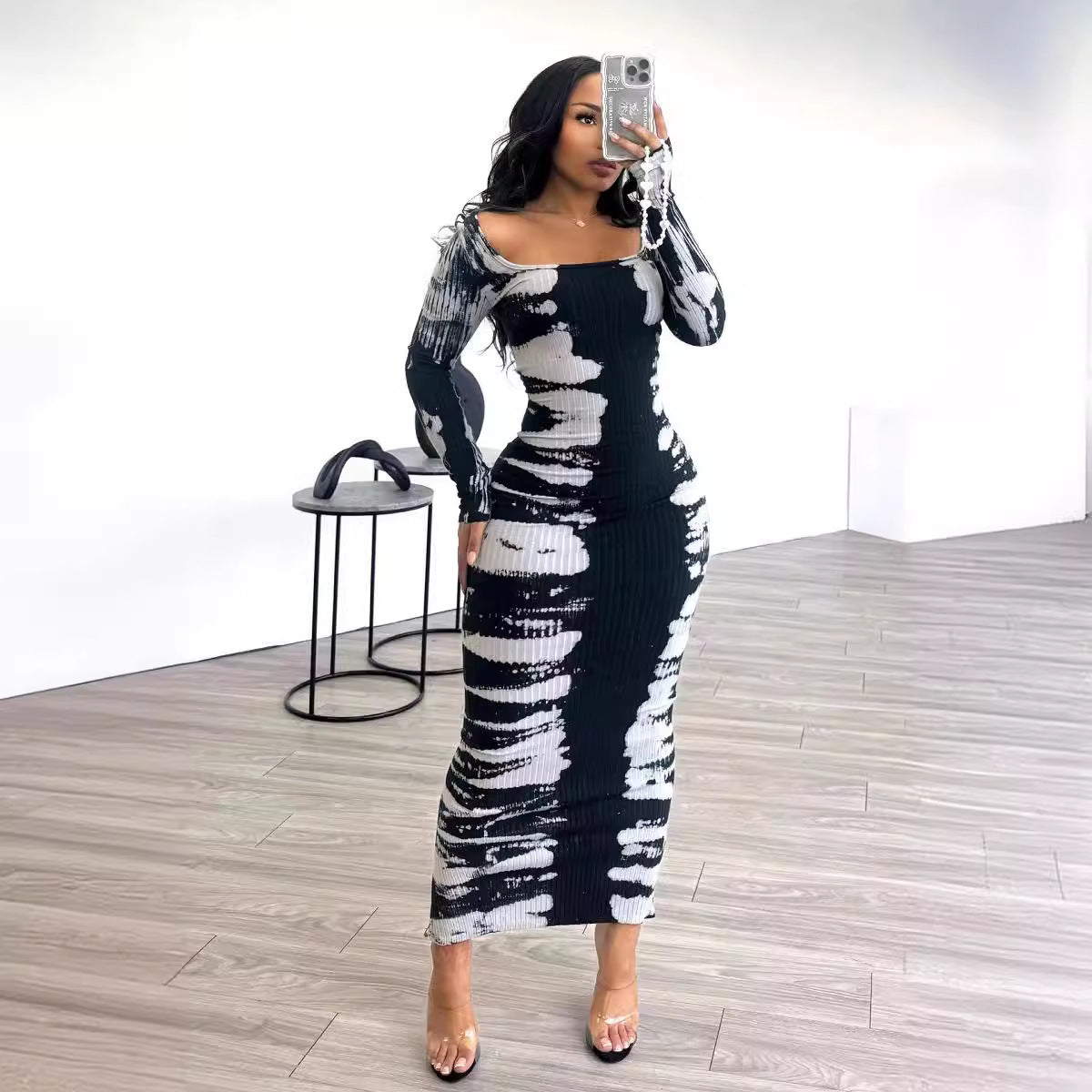 Women's Spring Sunken Stripe Printed Back Slit Dress