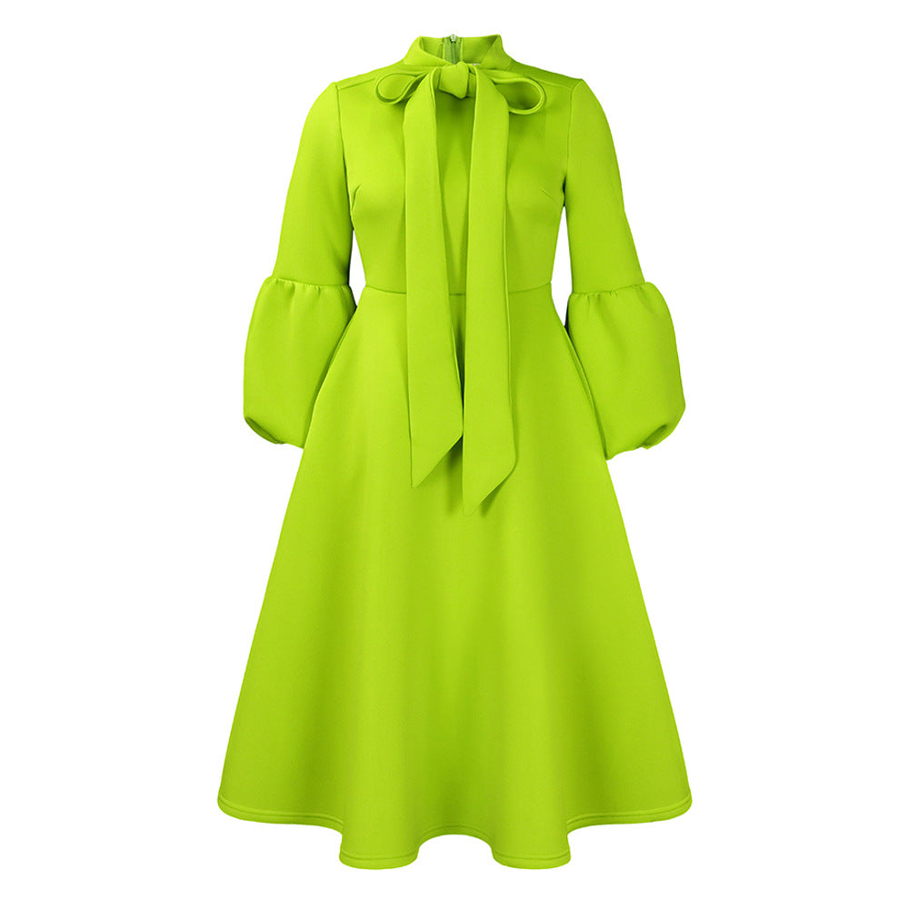 Fashion Lantern Sleeve High Waist Bow Dresses