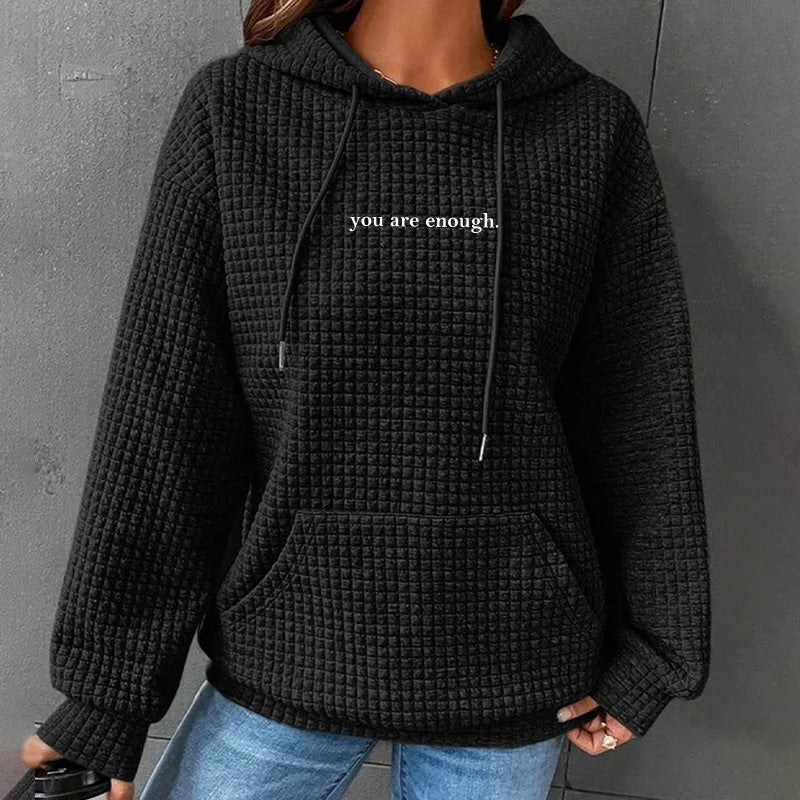 Women's Waffle Hooded Long Sleeve Letter Print Sweatshirt Women's Sweater, Sweater